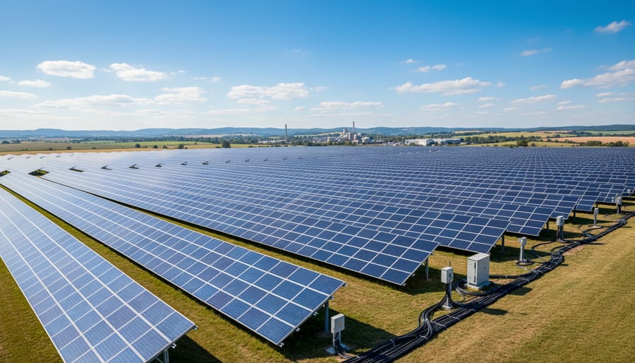 Solar panels in a Canadian solar farm under morning sunlight