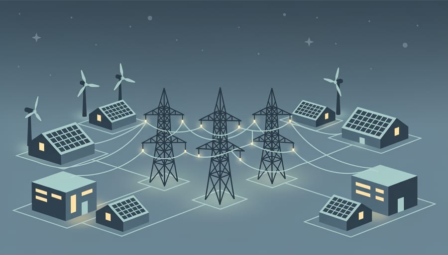 Close-up of electrical insulators and power lines against a night sky with subtle aurora-like colors