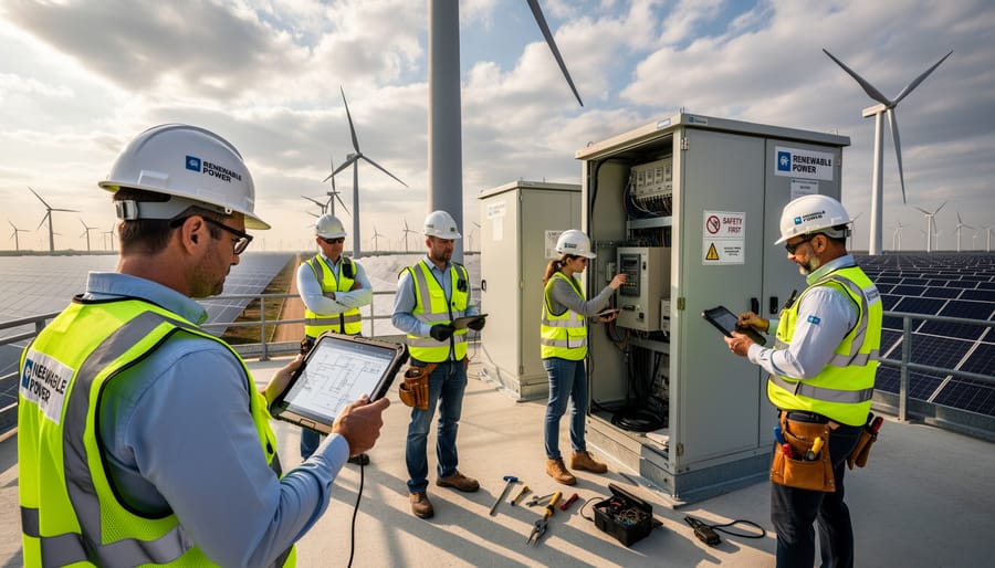 Workers in high-visibility gear standing near a wind turbine at a renewable energy site